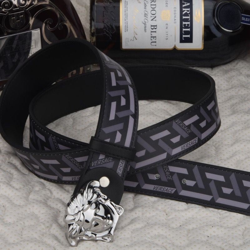 Fashionable Black Versace Print Leather Buckle Belt   ITEM NO.: HF-BT018