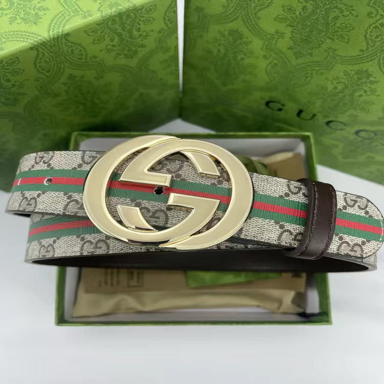 Brown Gucci GG With Green Red Tape Print Buckle Leather Belt ITEM NO.: HF-BT027