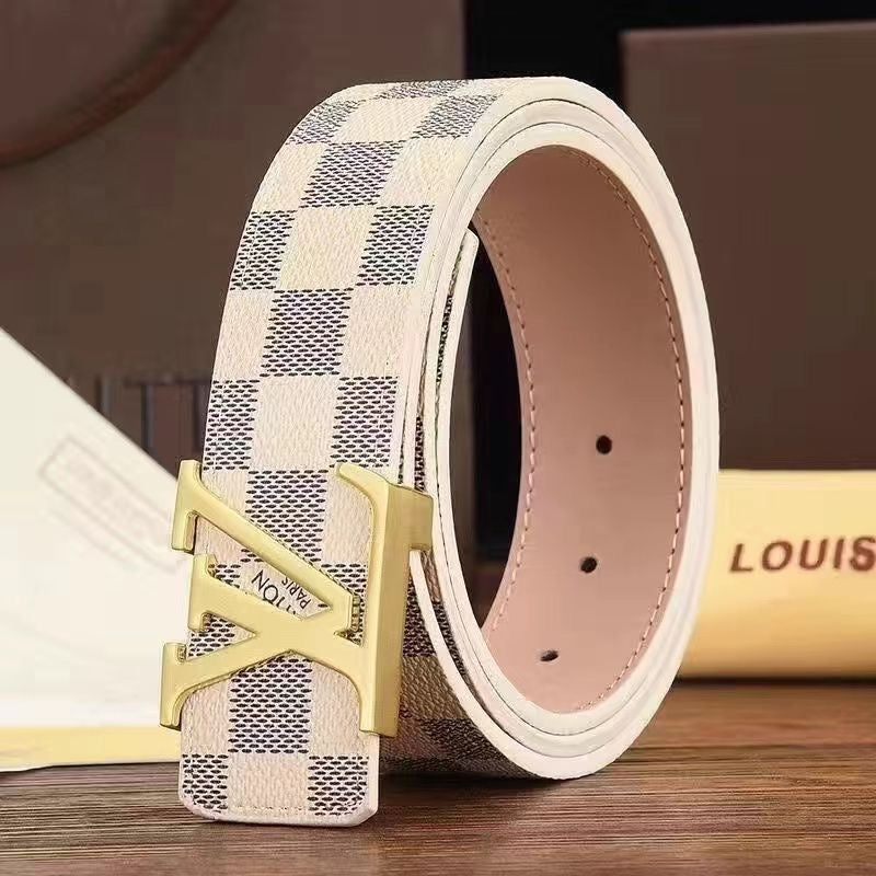 Selected Quality Classical White Check LV Buckle Leather Belt ITEM NO.: HF-BT059