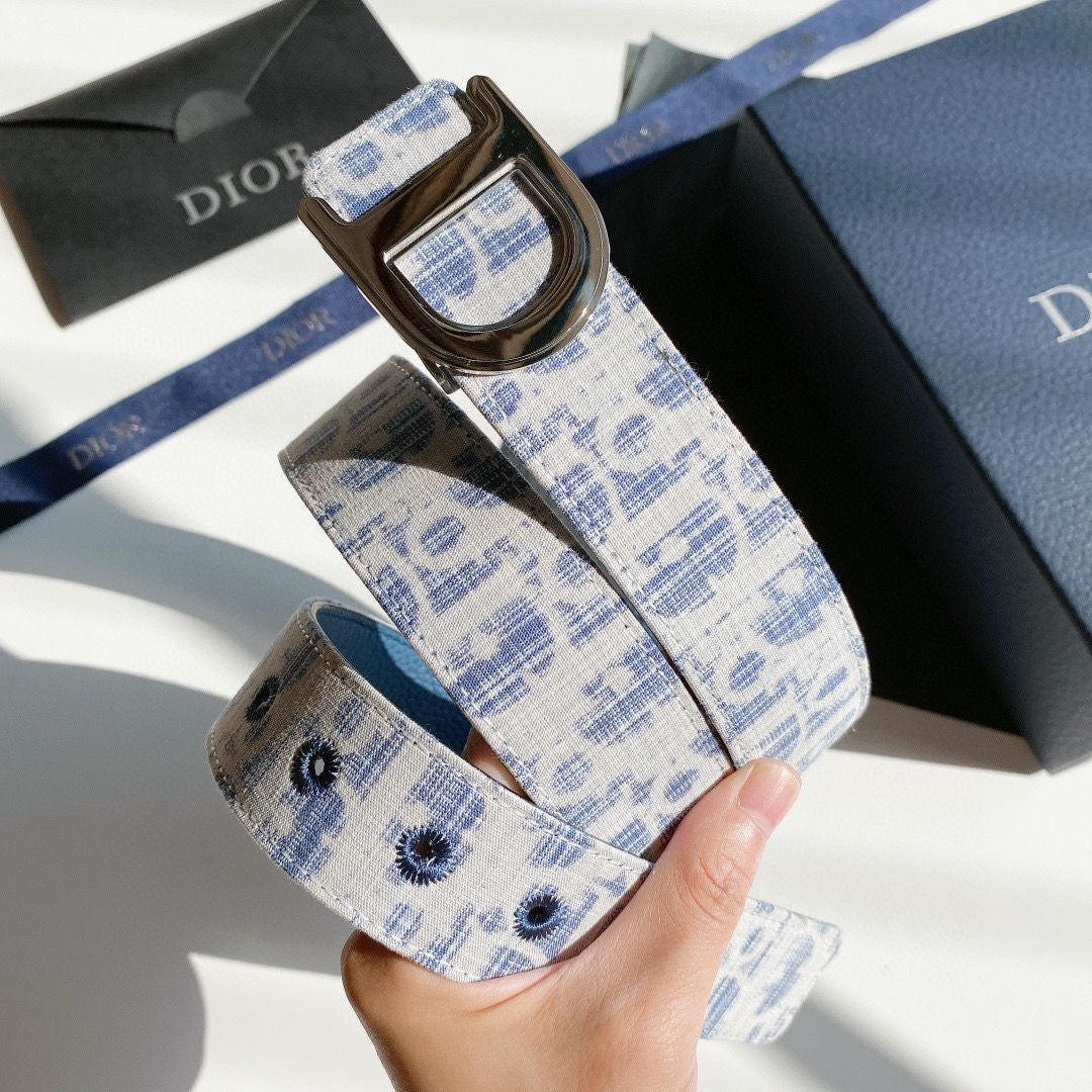 Double-Sided Use Christian Dior CD Buckle Jacquard Canvas Genuine Leather Belt   ITEM NO.: HF-BT012