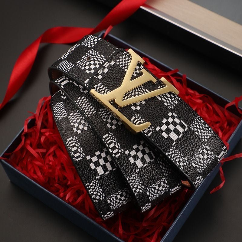 Custom Black Check LV Print Buckle Leather Belt ITEM NO.: HF-BT050