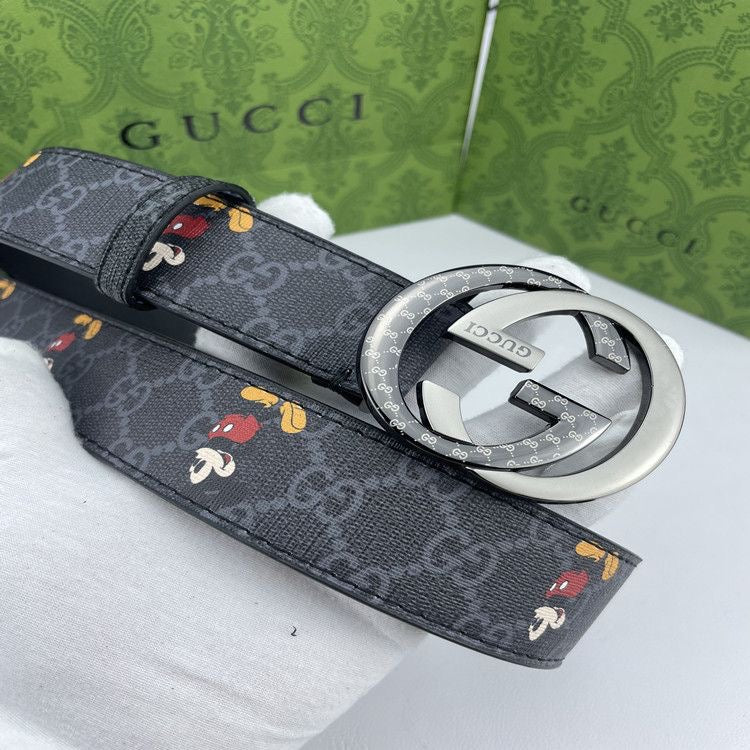 Classical Black Gucci Micky Mouse Print GG Buckle Leather Belt ITEM NO.: HF-BT044