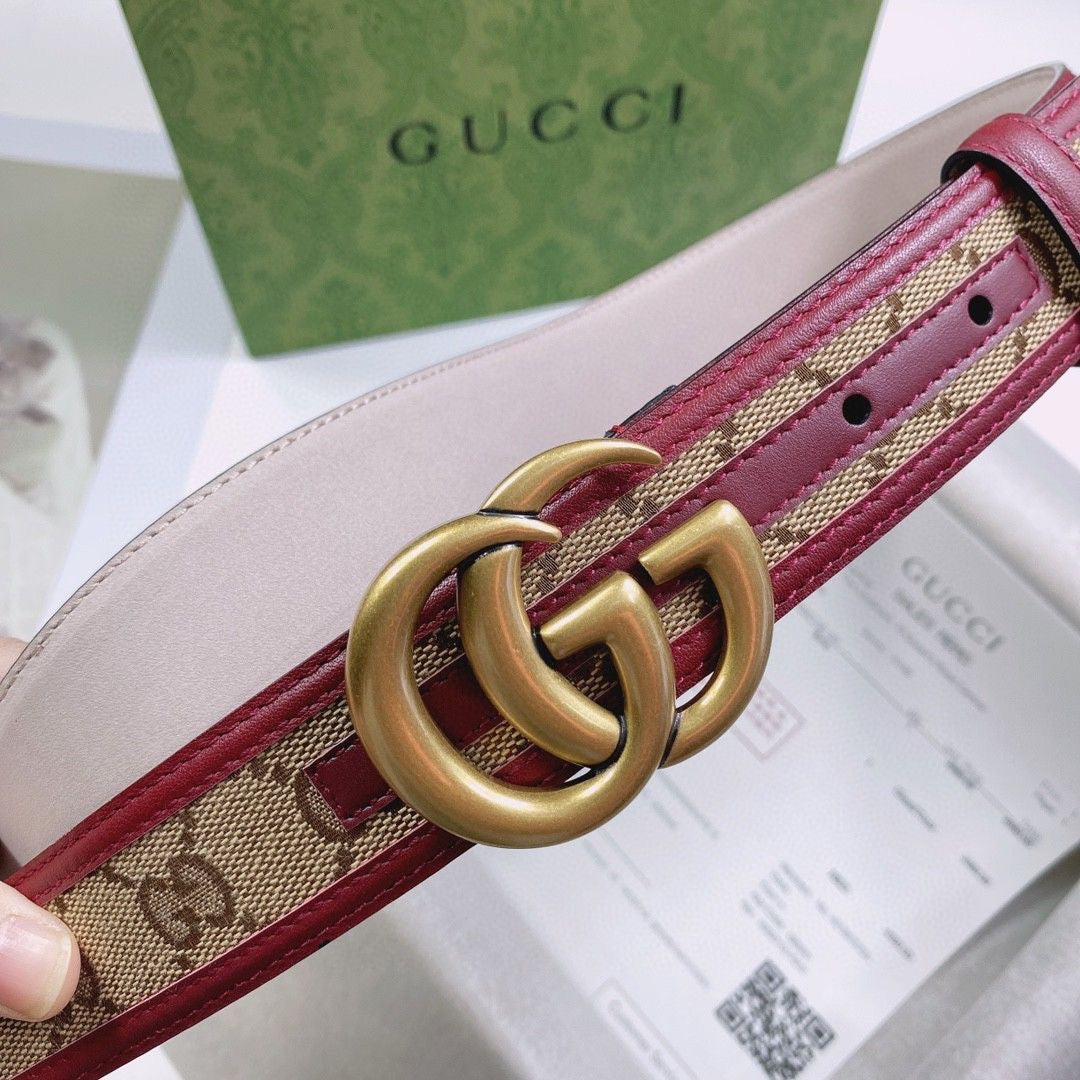 Gucci GG Buckle Jacquard Canvas Genuine Leather Edge Belt   ITEM NO.: HF-BT011
