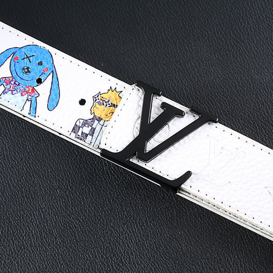 Cartoon Graffiti Print White Embossed LV Buckle Leather Belt ITEM NO.: HF-BT069