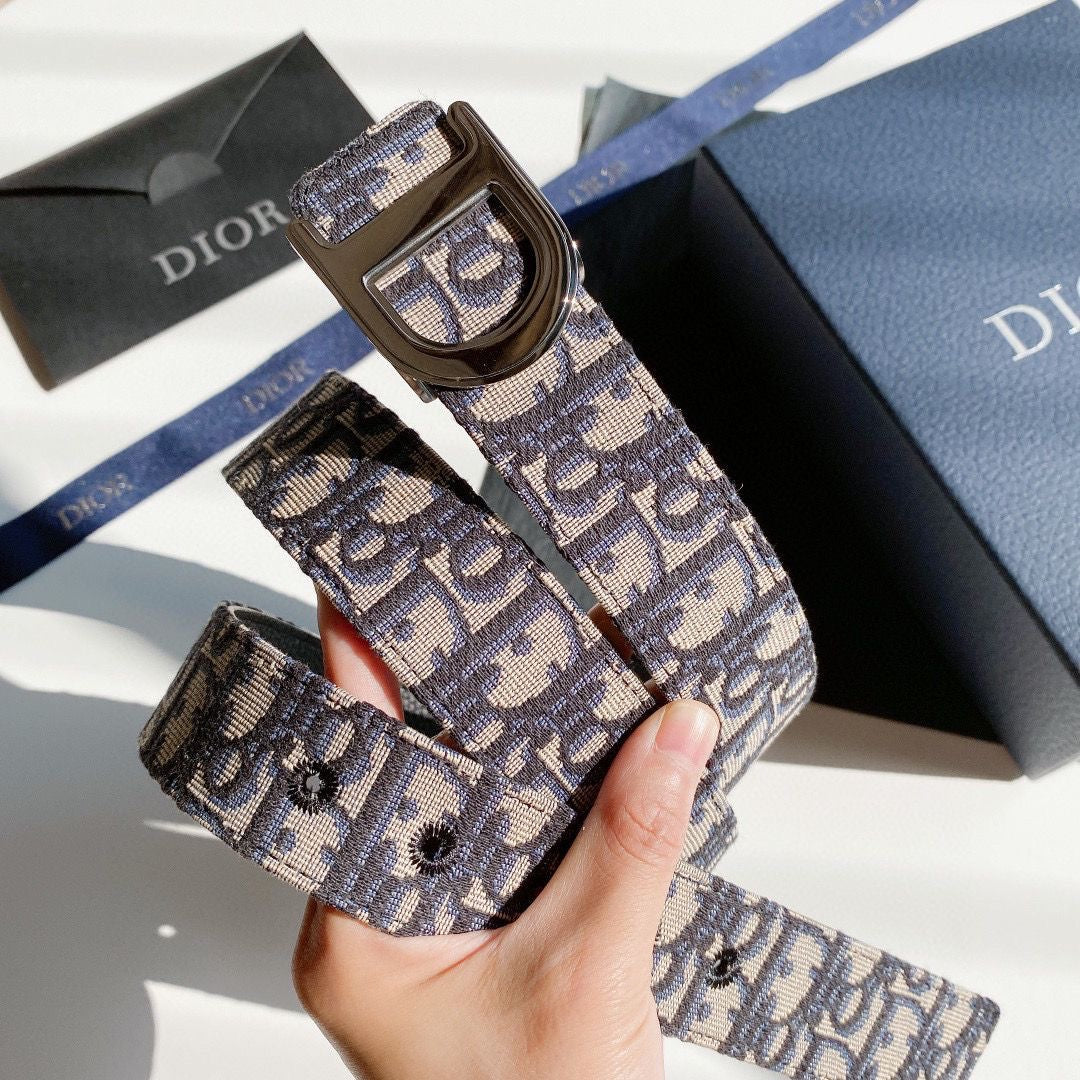 Double-Sided Use Christian Dior CD Buckle Jacquard Canvas Genuine Leather Belt   ITEM NO.: HF-BT012
