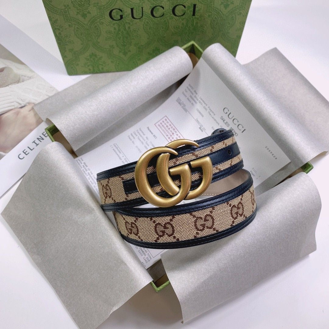 Gucci GG Buckle Jacquard Canvas Genuine Leather Edge Belt   ITEM NO.: HF-BT011