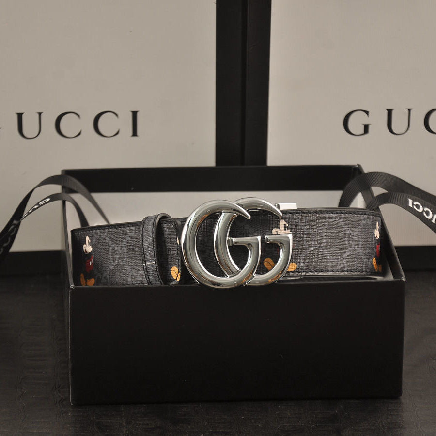 Classical Black Gucci Micky Mouse Print GG Buckle Leather Belt ITEM NO.: HF-BT044