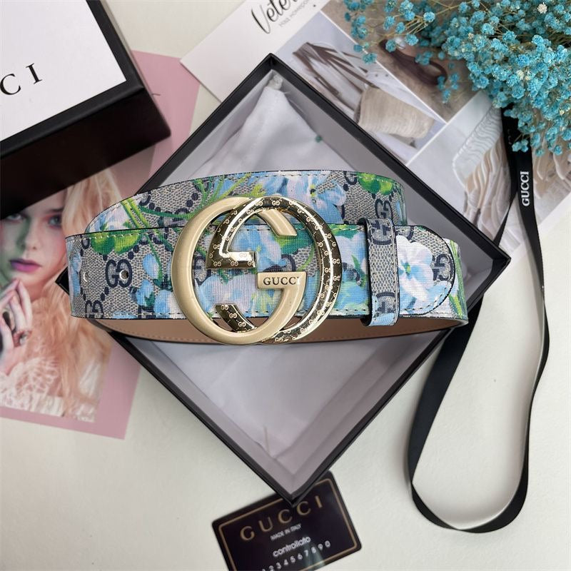 Gucci Blue Floral Print GG Buckle Leather Belt ITEM NO.: HF-BT036