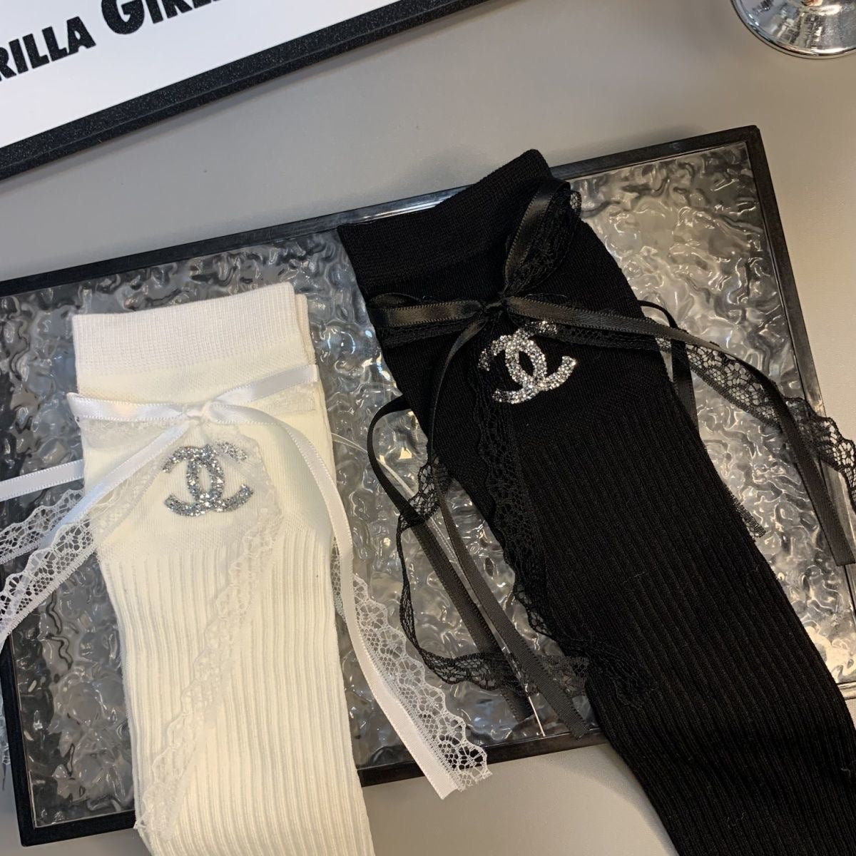 CC Thin Rhinestone Bow Lace Ribbon Calf Socks Item NO.:HF-SK009