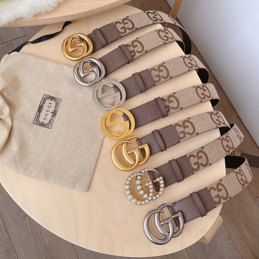 Classic Gucci GG Buckle Jacquard Canvas Genuine Leather Belt ITEM NO.: HF-BT005