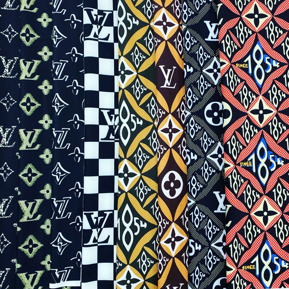 Designer inspired LV Pattern digital printed moss crepe spandex fabrics