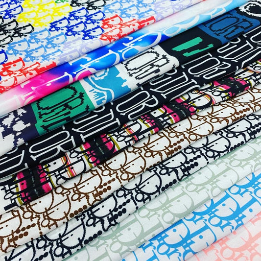 Designer inspired Dior Pattern digital printed silky satin fabrics