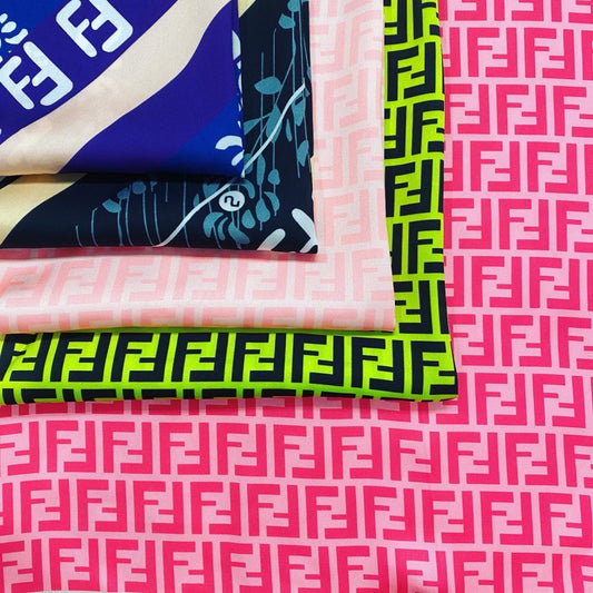 Designer inspired Fendi Pattern digital printed silky satin fabrics