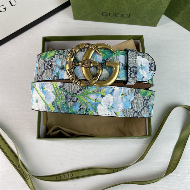 Gucci Blue Floral Print GG Buckle Leather Belt   ITEM NO.: HF-BT036