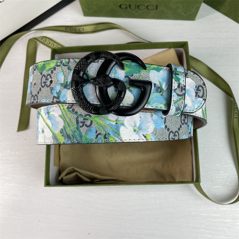 Gucci Blue Floral Print GG Buckle Leather Belt   ITEM NO.: HF-BT036