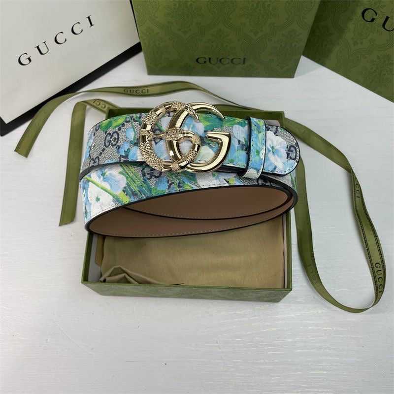 Gucci Blue Floral Print GG Buckle Leather Belt   ITEM NO.: HF-BT036