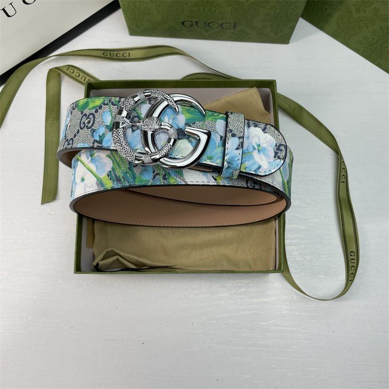 Gucci Blue Floral Print GG Buckle Leather Belt   ITEM NO.: CS-BT036