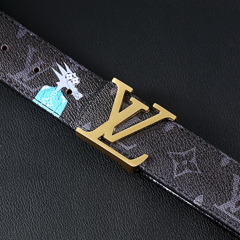 Cartoon Graffiti Print Black LV Buckle Leather Belt   ITEM NO.: CS-BT070