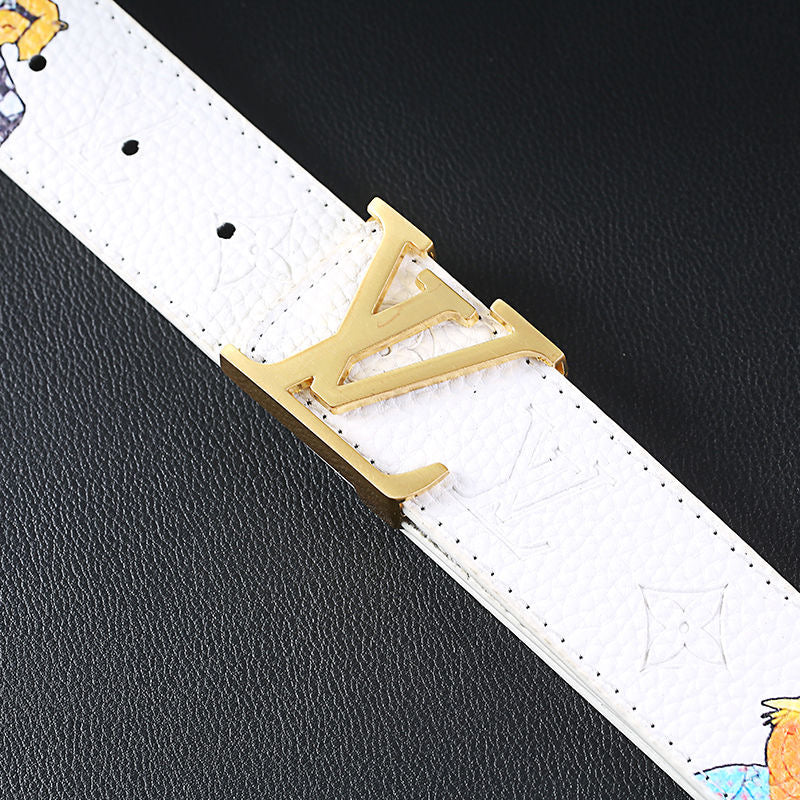 Cartoon Graffiti Print White Embossed LV Buckle Leather Belt   ITEM NO.: HF-BT069