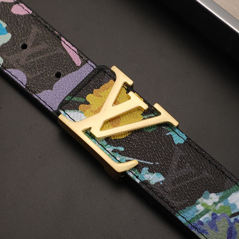 High Quality Custom Design Black Tie Dye LV Buckle Leather Belt    ITEM NO.: HF-BT056