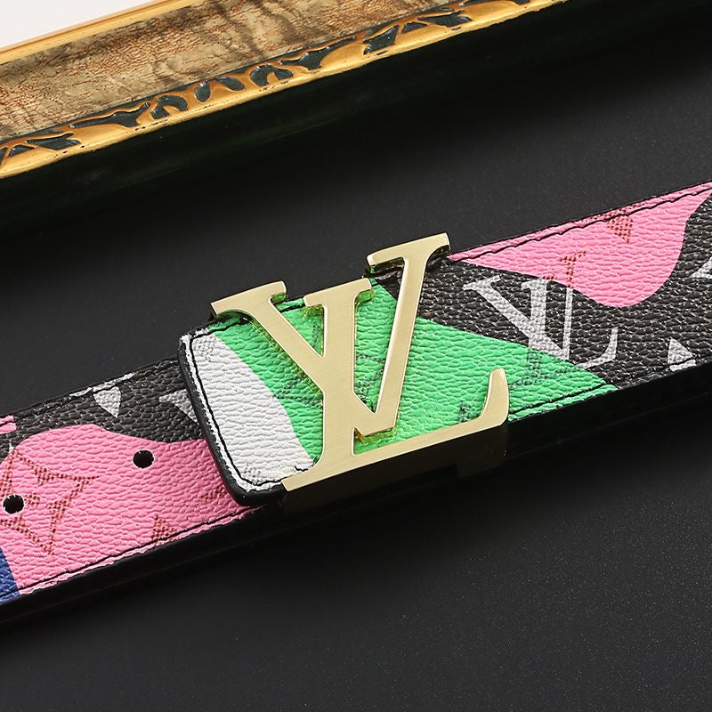 Custom Fancy Pattern Print LV Buckle Leather Belt   ITEM NO.: HF-BT067