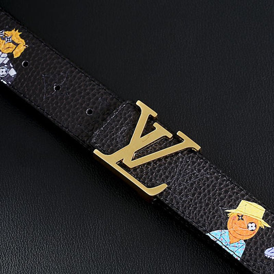 Cartoon Graffiti Print Black Embossed LV Buckle Leather Belt   ITEM NO.: CS-BT068