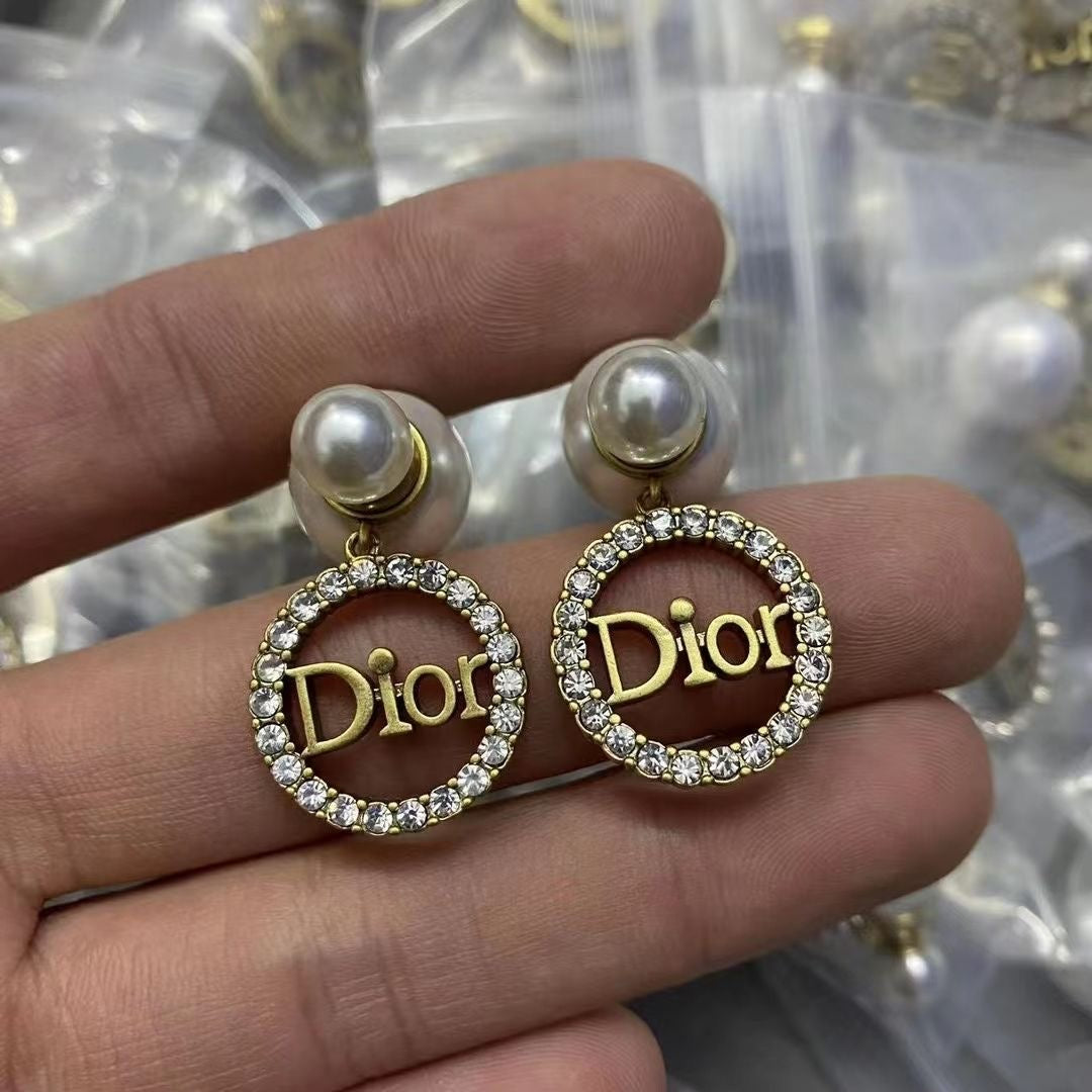 Fashionable Pearl Cross Rhinestone Diamond Christian Dior Earrings   ITEM NO.: HF-JL063