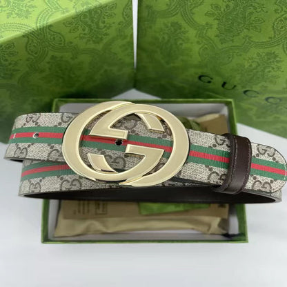 Brown Gucci GG With Green Red Tape Print Buckle Leather Belt   ITEM NO.: CS-BT027