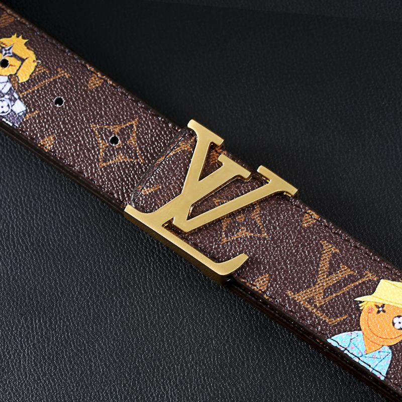 Cartoon Graffiti Print Brown LV Buckle Leather Belt   ITEM NO.: CS-BT072