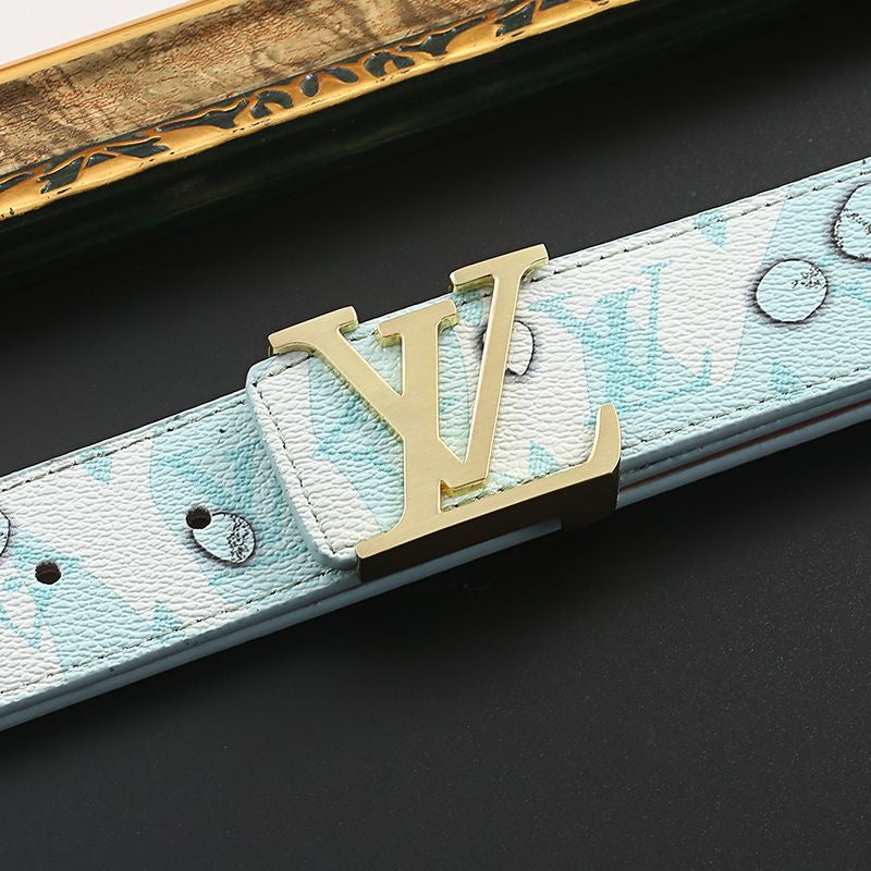 Custom Print Sky Blue LV Buckle Leather Belt   ITEM NO.: HF-BT066
