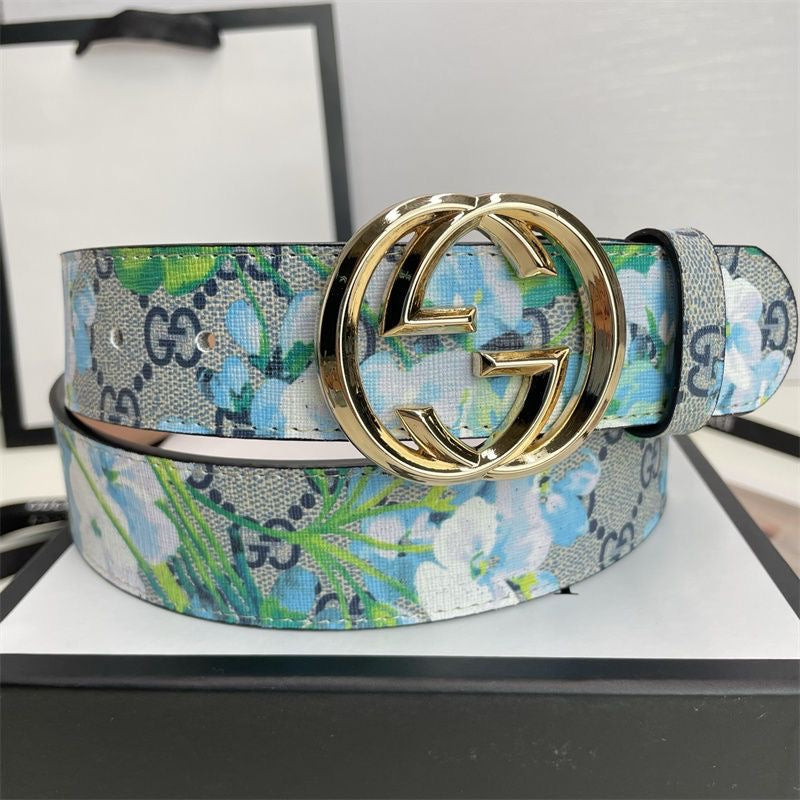 Gucci Blue Floral Print GG Buckle Leather Belt   ITEM NO.: HF-BT036