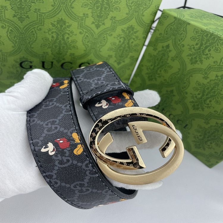 Classical Black Gucci Micky Mouse Print GG Buckle Leather Belt   ITEM NO.: HF-BT044