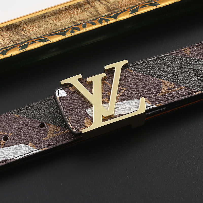 Custom Print Brown Black LV Buckle Leather Belt   ITEM NO.: HF-BT064
