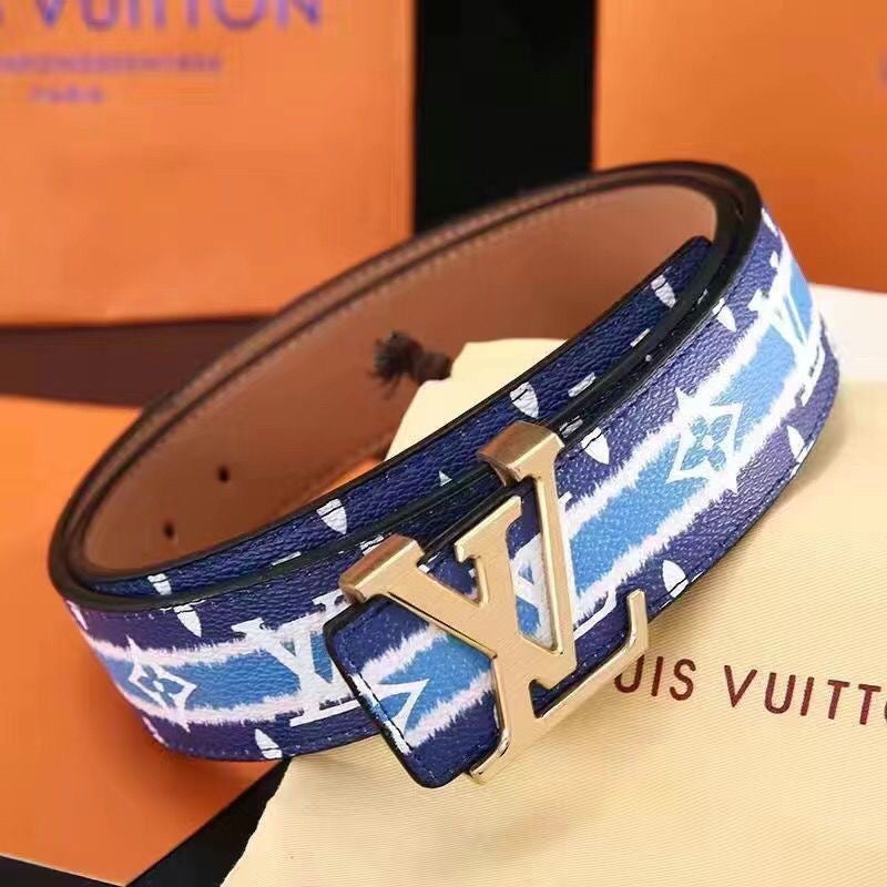 Custom Blue LV Print Buckle Leather Belt    ITEM NO.: CS-BT048