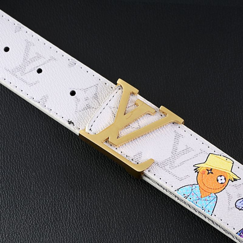 Cartoon Graffiti Print White LV Buckle Leather Belt   ITEM NO.: HF-BT071
