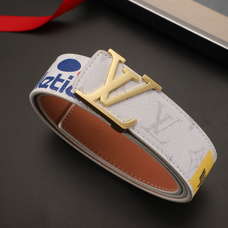High Quality Custom Design White LV Buckle Leather Belt    ITEM NO.: HF-BT053