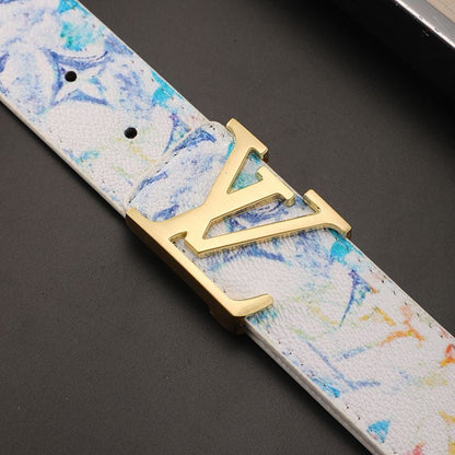 High Quality Custom Design White Tie Dye LV Buckle Leather Belt    ITEM NO.: HF-BT055