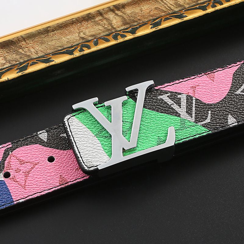 Custom Fancy Pattern Print LV Buckle Leather Belt   ITEM NO.: HF-BT067