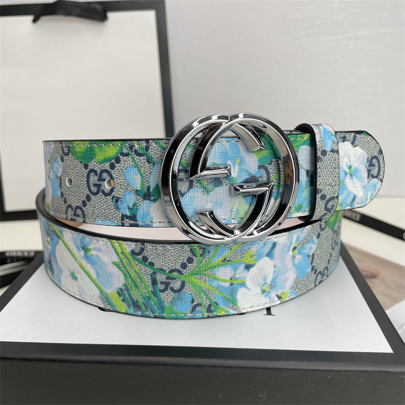 Gucci Blue Floral Print GG Buckle Leather Belt   ITEM NO.: HF-BT036