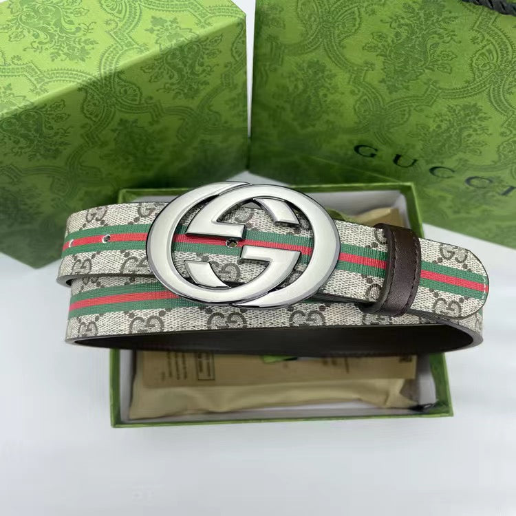 Brown Gucci GG With Green Red Tape Print Buckle Leather Belt   ITEM NO.: HF-BT027