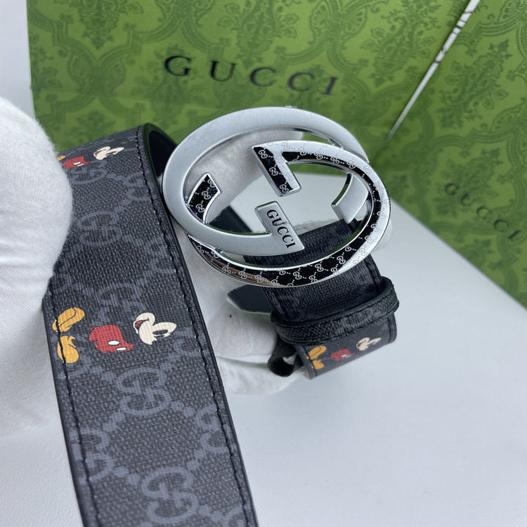 Classical Black Gucci Micky Mouse Print GG Buckle Leather Belt   ITEM NO.: HF-BT044