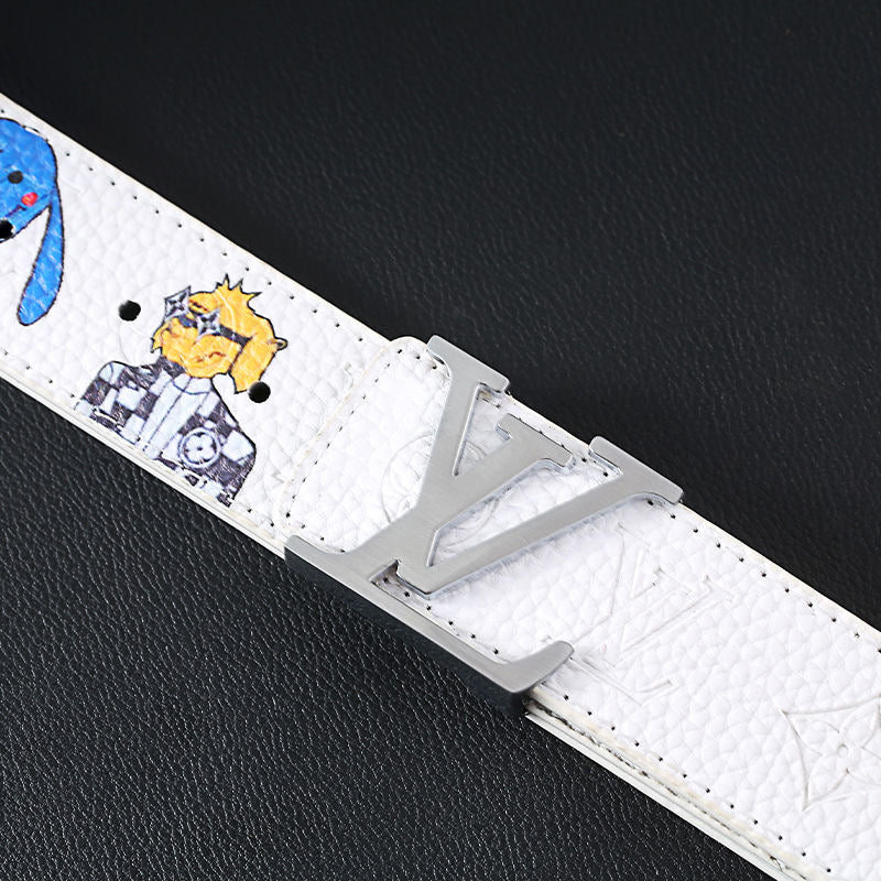 Cartoon Graffiti Print White Embossed LV Buckle Leather Belt   ITEM NO.: CS-BT069