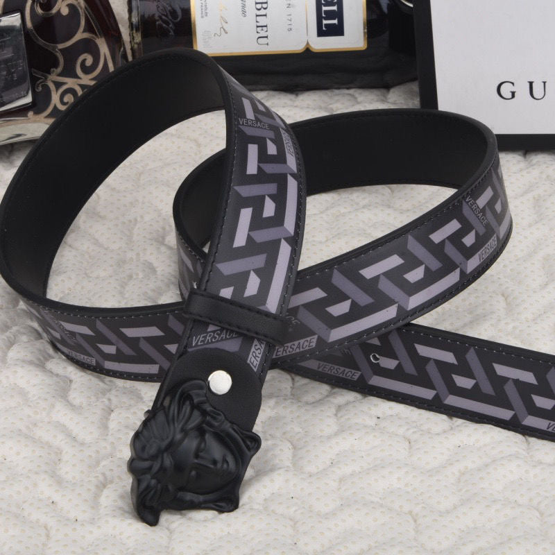 Fashionable Black Versace Print Leather Buckle Belt   ITEM NO.: HF-BT018