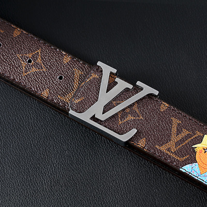 Cartoon Graffiti Print Brown LV Buckle Leather Belt   ITEM NO.: CS-BT072