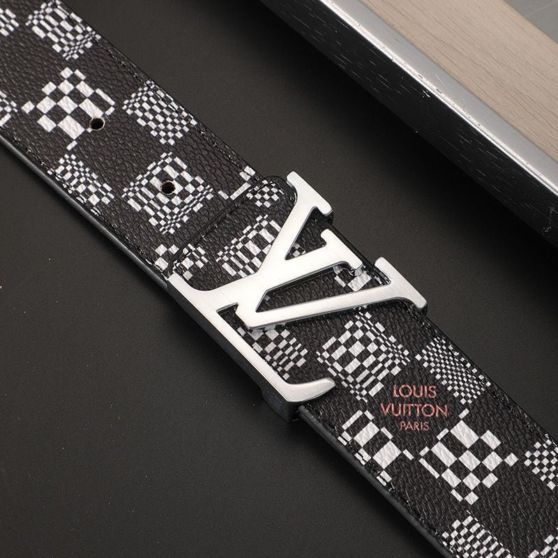 Custom Black Check LV Print Buckle Leather Belt    ITEM NO.: HF-BT050
