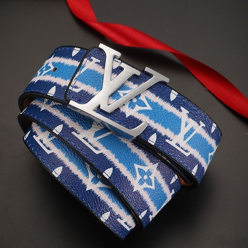 Custom Blue LV Print Buckle Leather Belt    ITEM NO.: HF-BT048