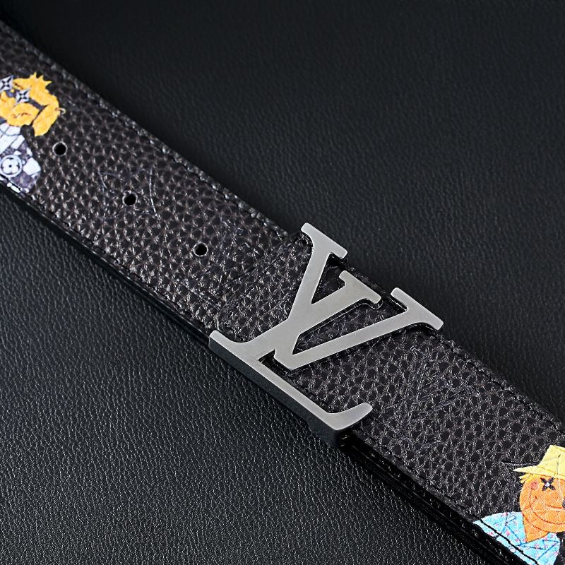 Cartoon Graffiti Print Black Embossed LV Buckle Leather Belt   ITEM NO.: HF-BT068