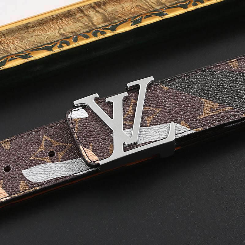 Custom Print Brown Black LV Buckle Leather Belt   ITEM NO.: HF-BT064