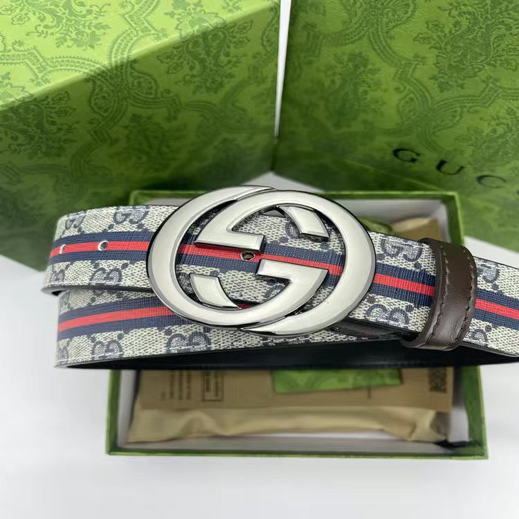Blue Gucci GG With Green Red Tape Print Buckle Leather Belt   ITEM NO.: HF-BT029