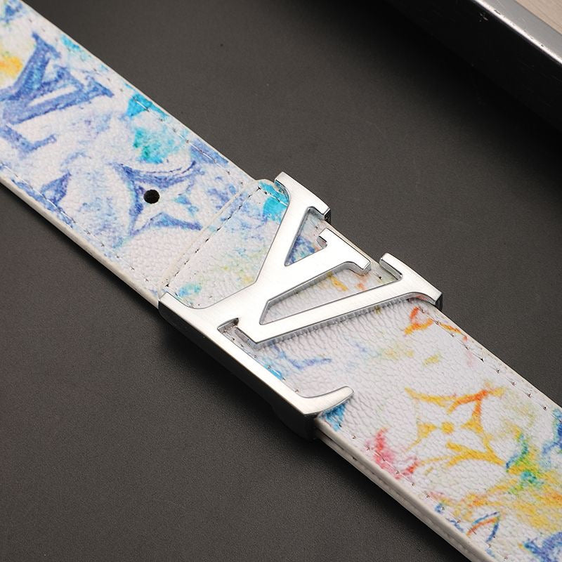 High Quality Custom Design White Tie Dye LV Buckle Leather Belt    ITEM NO.: HF-BT055